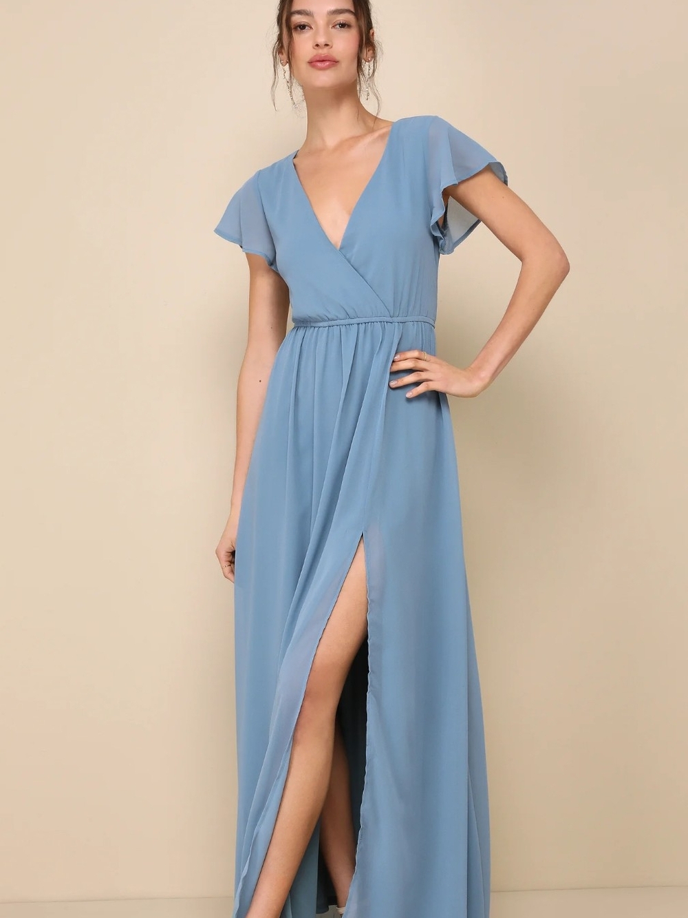 Lulu's XL Chiffon Women’s Slate Blue V-Neck Flutter Sleeve Maxi Dress